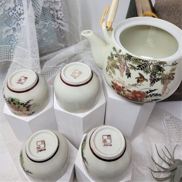 Vintage Teapot with 4 Cups Floral & Birds Japan - Picture 9 of 9